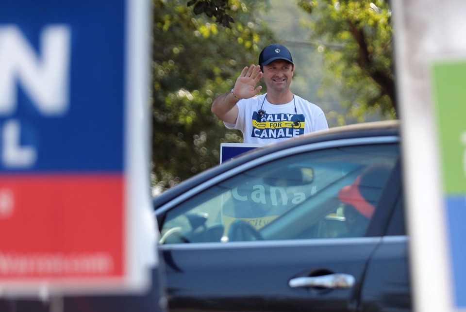 <strong>Ford Canale, waving to voters Oct. 3, was appointed to the City Council in 2018 and later that year won a special election for the rest of the term. He ran for and won his first full term on Oct. 3.</strong> (Patrick Lantrip/Daily Memphian)