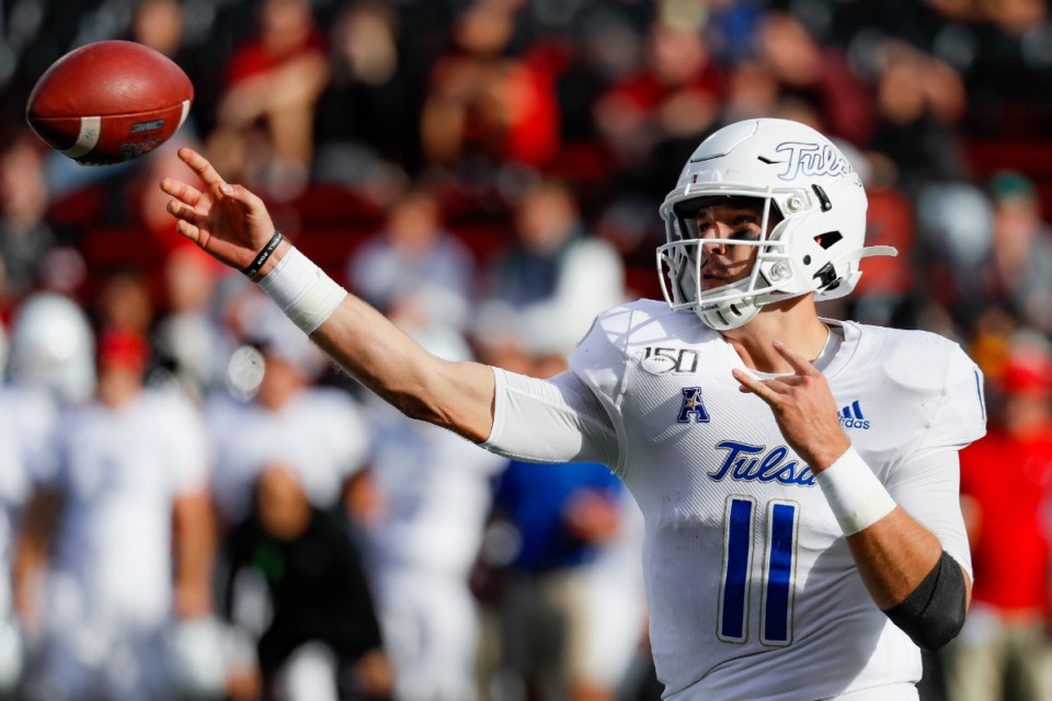 <strong>Tulsa quarterback Zach Smith (11) passes during the first half of an Oct. 19, 2019 game against Cincinnati. Watch Memphis vs. the Golden Hurricane at 6 p.m. Saturday, Oct. 26, on CBS Sports.</strong> (John Minchillo/AP)