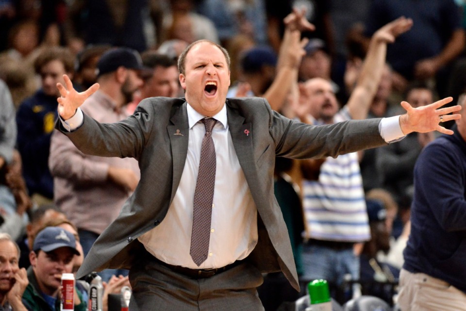 <strong>Grizzlies head coach Taylor Jenkins yells instructions during Memphis's OT win against the Nets Oct. 27.</strong> (Brandon Dill/AP)