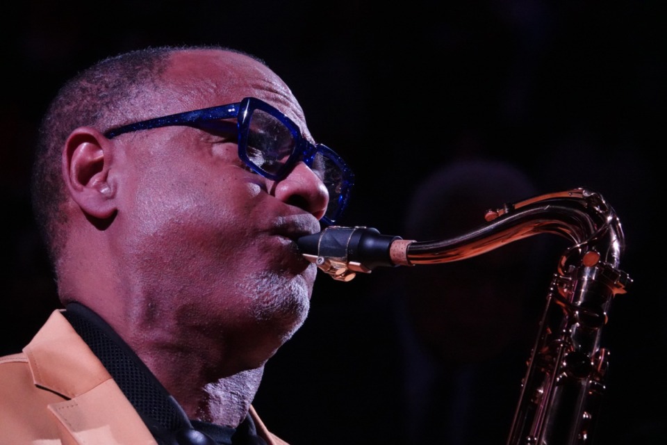 <strong>Kirk Whalum, seen here playing at a Grizzlies game, will be joined by Bob James (not pictured) on stage in the November "Kafe Kirk."</strong> (Karen Pulfer Focht/Daily Memphian file)
