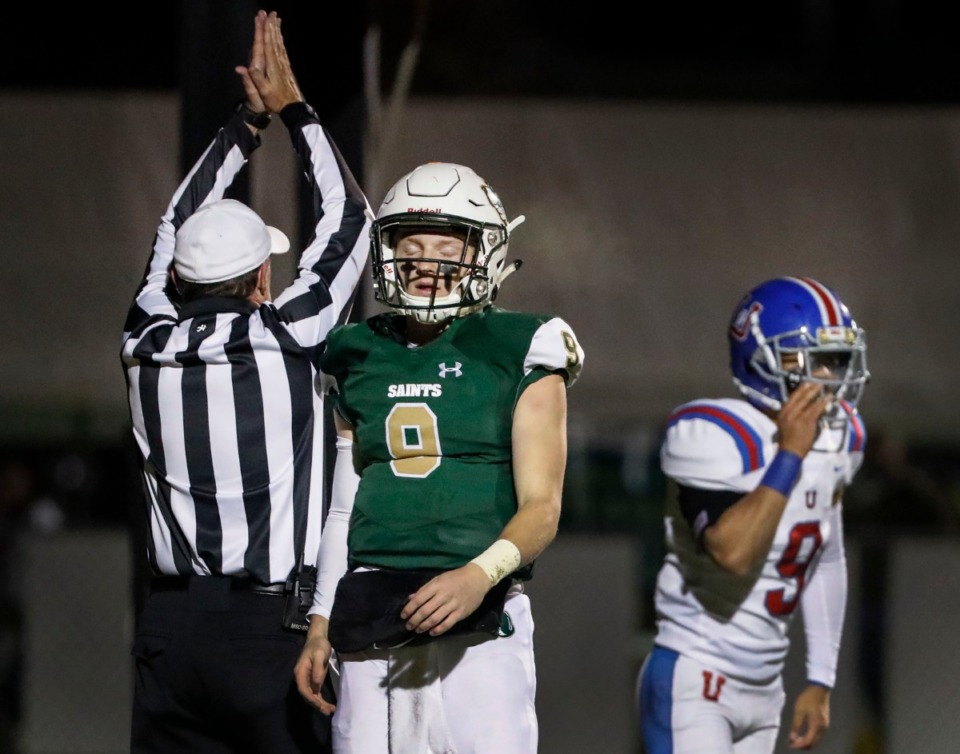 <strong>Briarcrest kicker Michael Dallas (center) closes his eyes after being called for a safety in the game against MUS Nov. 1.</strong> (Mark Weber/Daily Memphian)