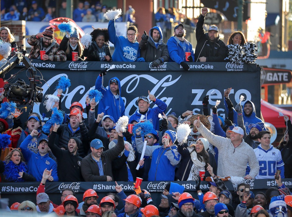 <strong>Tigers football fans cheer for the cameras during the live broadcast on Beale Street of ESPN's "College GameDay" on Nov. 2, 2019.</strong> (Jim Weber/Daily Memphian)