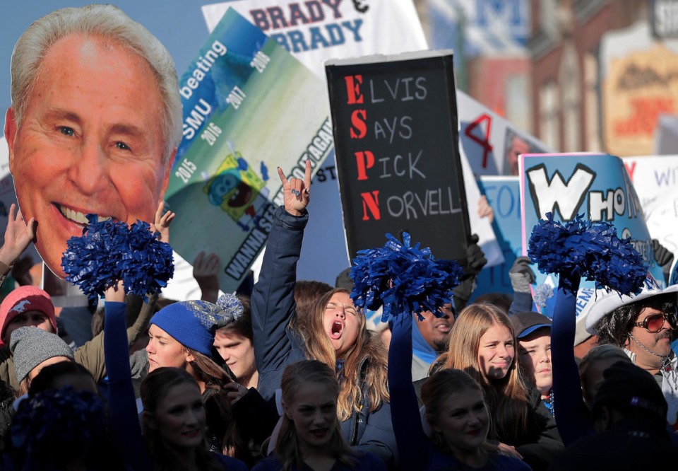 <strong>Tigers football fans cheer for the cameras during the live broadcast on Beale Street of ESPN's "College GameDay" on Nov. 2, 2019.</strong> (Jim Weber/Daily Memphian)