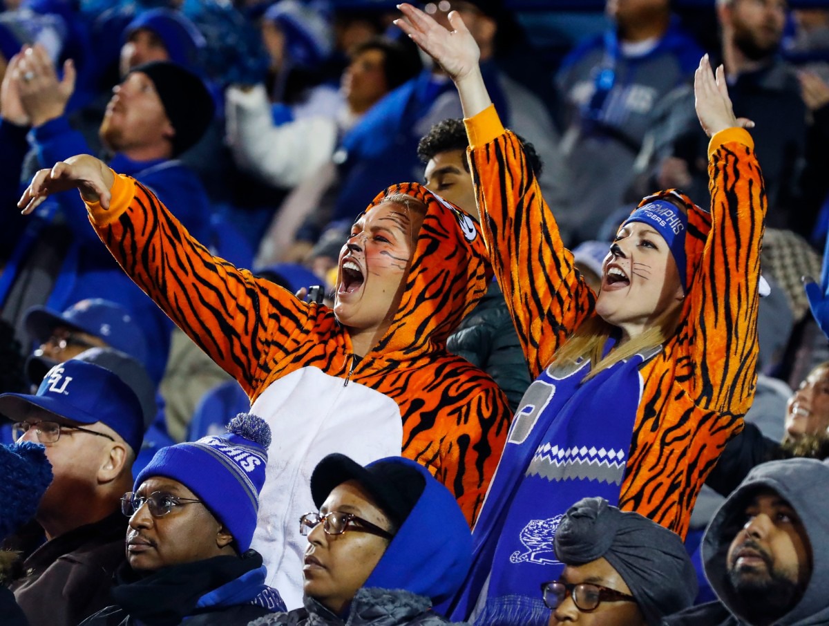 <strong>University of Memphis fans celebrate a Tigers touchdown against SMU&nbsp;during the game on Saturday, Nov. 2, 2019, at Liberty Bowl Memorial Stadium.&nbsp;(</strong>Mark Weber/Daily Memphian)