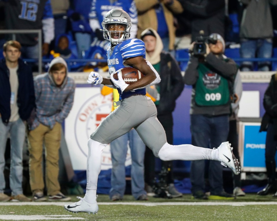 <strong>University of Memphis receiver Damonte Coxie looks back at the SMU defense while scoring a touchdown during the game Saturday, Nov. 2, 2019, at Liberty Bowl Memorial Stadium.</strong> (Mark Weber/Daily Memphian)