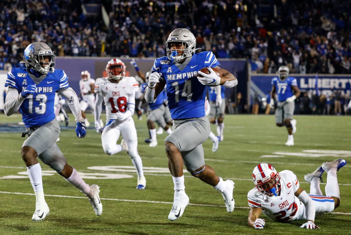 <strong>University of Memphis receiver Antonio Gibson (middle) runs by the SMU defense for a touchdown during the game Saturday, Nov. 2, 2019, at Liberty Bowl Memorial Stadium.</strong> (Mark Weber/Daily Memphian)