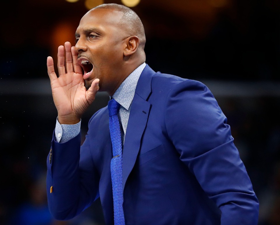 <strong>Memphis head coach Penny Hardaway yells to his players in the game against South Carolina State Nov. 5 at FedExForum.</strong> (Mark Weber/Daily Memphian)
