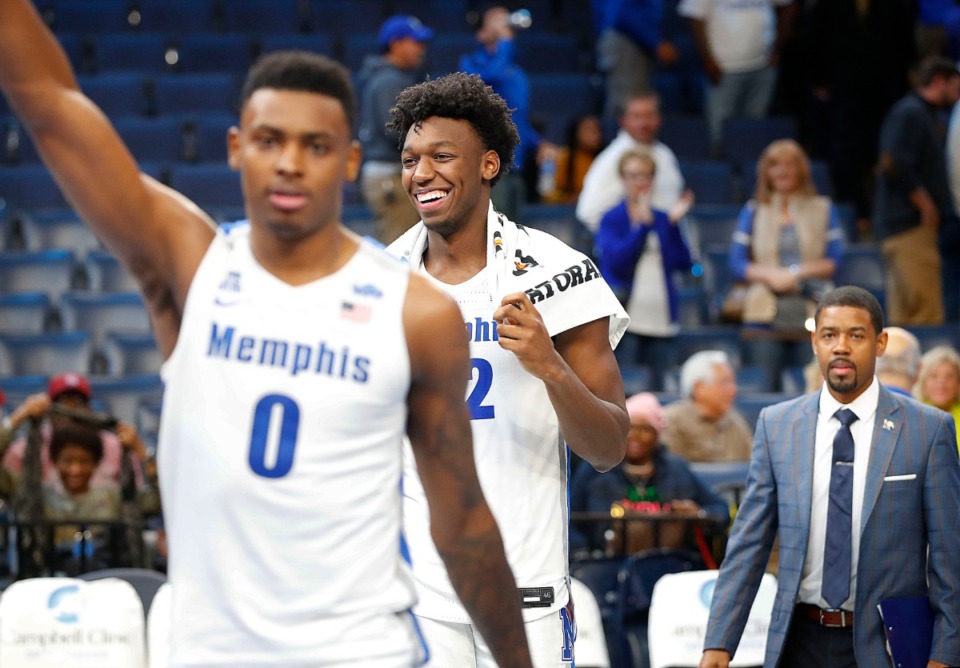 <strong>Memphis teammates James Wiseman (right) and D.J. Jeffries (left) celebrate after beating South Carolina State 97-64 Tuesday, Nov. 5, 2019, at FedExForum.</strong> (Mark Weber/Daily Memphian)