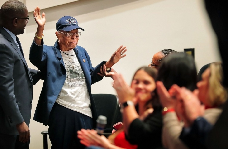 <strong>Indiana Hunt-Martin gets a standing ovation during FedEx's Veterans Day program on Friday, Nov. 8, at the FedEx World Headquarters. Hunt-Martin, 97, is&nbsp;one of seven surviving members of a pioneering World War II unit of black women &ndash; the 6888th Central Postal Director Battalion &ndash; which was tasked with making sure armed forces got their letters and packages from home.</strong> (Jim Weber/Daily Memphian)
