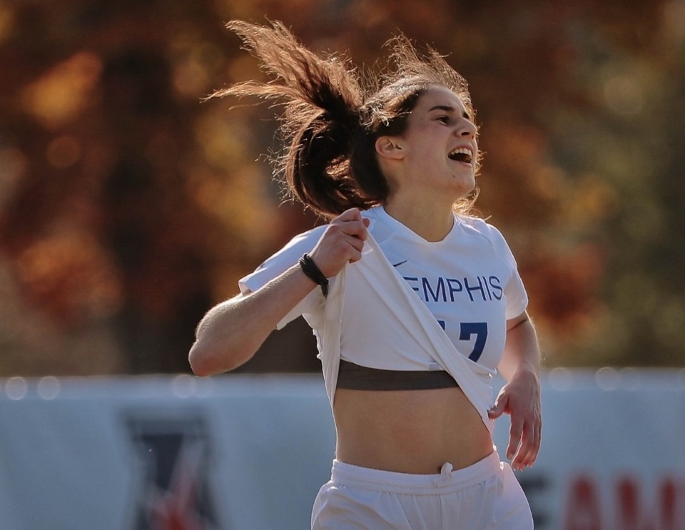 <strong>University of Memphis forward Clarissa Larisey reacts after missing a shot during the Tiger's game against USF in the AAC Women's Championship final at the Billy J. Murphy Soccer and Track Complex on Nov. 10, 2019.</strong> (Jim Weber/Daily Memphian)