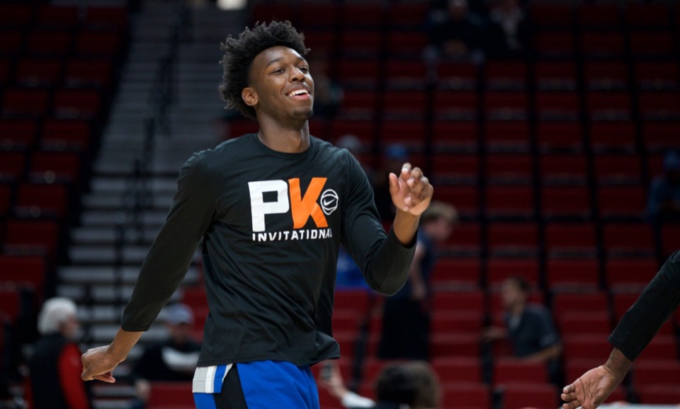 <strong>Memphis center James Wiseman warms up for the team's NCAA college basketball game against Oregon in Portland, Ore., Nov. 12.</strong> (Craig Mitchelldyer/AP)
