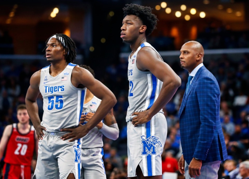 <strong>Memphis center James Wiseman (middle) looks on during a break in action against UIC Friday, Nov. 8, 2019 at the FedExForum.</strong> (Mark Weber/Daily Memphian)