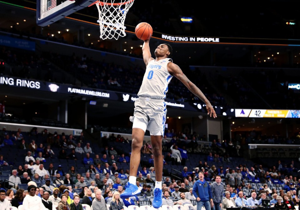 <strong>University of Memphis forward DJ Jeffries goes up for an uncontested slam (0) during a home win against Alcorn State University at FedExForum on Nov. 16, 2019.</strong> (Patrick Lantrip/Daily Memphian)