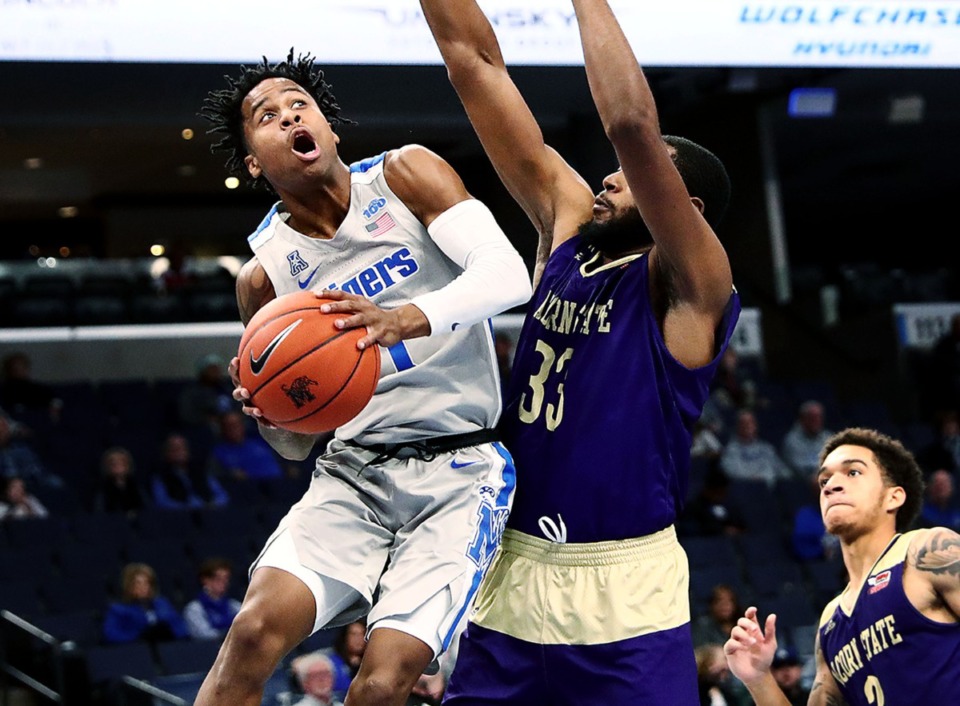<strong>University of Memphis guard Tyler Harris (1) goes in for a contested layup during a home win against Alcorn State University at FedExForum on Nov. 16, 2019.</strong> (Patrick Lantrip/Daily Memphian)