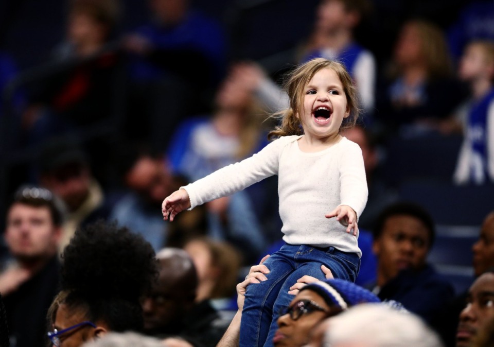 <strong>One of the University of Memphis Tigers' youngest fans screams in delight for her team during a home win against Alcorn State University at FedExForum on Nov. 16, 2019.</strong> (Patrick Lantrip/Daily Memphian)