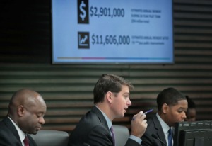 <strong>With tax projection numbers showing in the background, City Council member Worth Morgan addresses concerns during a presentation by the Downtown Memphis Commission and developer Tom Intrator at the council's economic development committee on Tuesday, Nov. 19.</strong> (Jim Weber/Daily Memphian)