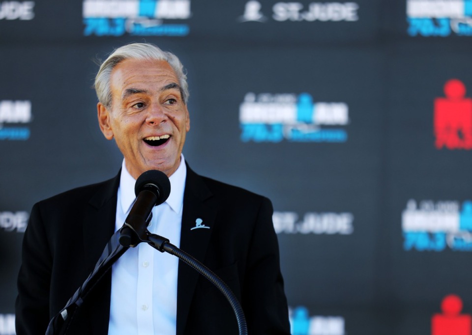 <strong>Richard Shadyac, president and CEO of ALSAC, jokes with the crowd on Nov. 19, 2019, during a press conference announcing the St. Jude Ironman 70.3 Memphis race, which will be held at Shelby Farms Park next October.</strong> (Patrick Lantrip/Daily Memphian)