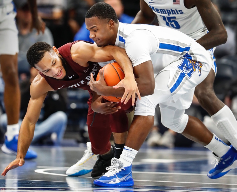 <strong>Tiger Alex Lomax (right) steals the ball from Little Rock guard Markquis Nowell Nov. 20, 2019, at FedExForum.</strong> (Mark Weber/Daily Memphian)