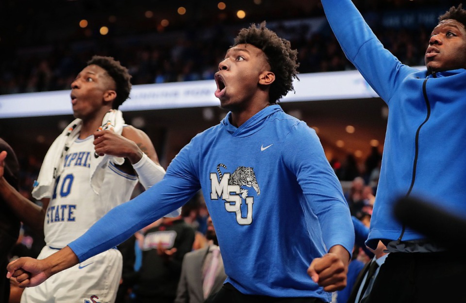 <strong>University of Memphis center James Wiseman (center) reacts as Memphis makes a point surge against Ole Miss during the Tigers' game on Nov. 23, 2019, against Mississippi at FedExForum.</strong> (Jim Weber/Daily Memphian)