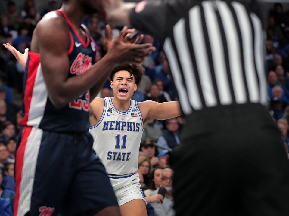<strong>University of Memphis guard Lester Quinones (11) reacts to a foul call during the Tigers' game on Nov. 23, 2019, against Mississippi at FedExForum.</strong> (Jim Weber/Daily Memphian)