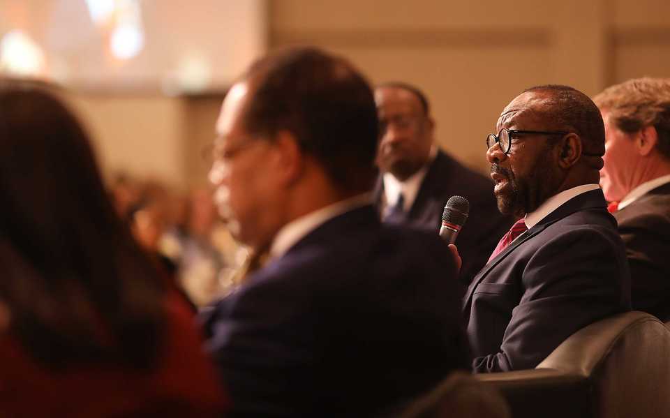 <strong>Methodist Le Bonheur Healthcare president and CEO Michael Ugwueke was one of five panelists who spoke at Leadership Memphis' 11th annual Multicultural Breakfast Friday, Nov. 2. This year marks the 40th anniversary of the Leadership Memphis organization.</strong>&nbsp;(Patrick Lantrip/Daily Memphian)