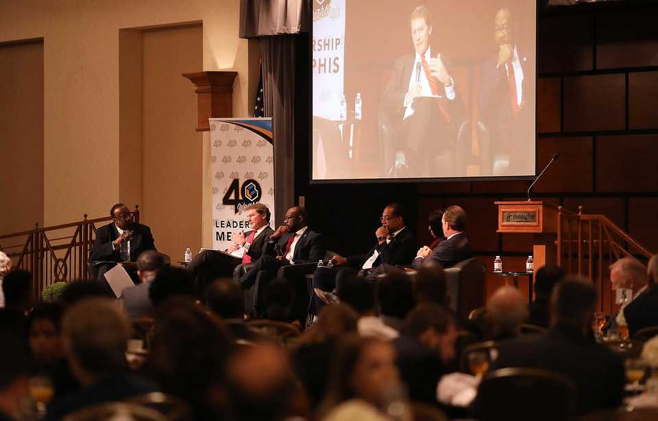 <strong>Moderator Otis Sanford leads panelists David Popwell, Michael Ugwueke, Reginald Coopwood, Carolyn Hardy and Jim Meeks during a discussion on quantifying the return on investment when it comes to diversity.</strong> (Patrick Lantrip/Daily Memphian)