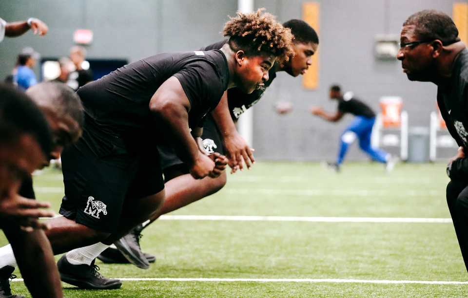<strong>Tigers defensive lineman O'Bryan Goodson practices jumping off the line during practice at the Tigers south campus facility.</strong>&nbsp;(Houston Cofield/Daily Memphian)