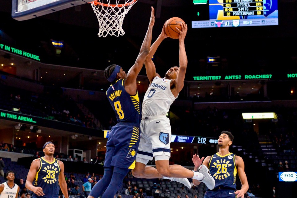 <strong>Grizzlies guard De'Anthony Melton (0) shoots over Indiana Pacers forward Justin Holiday (8) Dec. 2 at FedExForum.</strong> (Brandon Dill/AP)