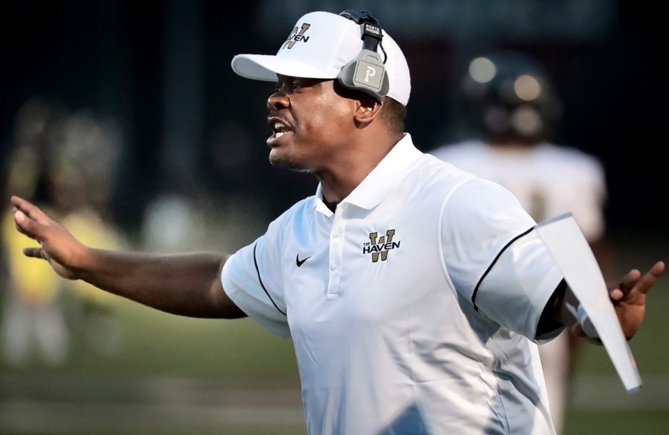 <strong>Whitehaven High coach Rodney Saulsberry directs the Tigers during their game against Lausanne on Sept. 7, 2018, at Rhodes College. In the last decade, Saulsberry has coached his teams to two&nbsp;</strong><span><strong>Class 6A state championship, in 2012 and 2016.</strong>&nbsp;</span>(Jim Weber/Daily Memphian file)