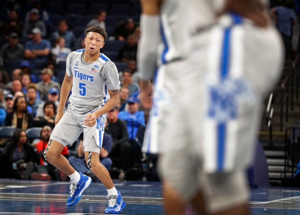 <strong>Memphis guard Boogie Ellis grimaces in pain after falling on his tailbone during action against Bradley Tuesday, Dec. 3, 2019 at the FedExForum.</strong> (Mark Weber/Daily Memphian)