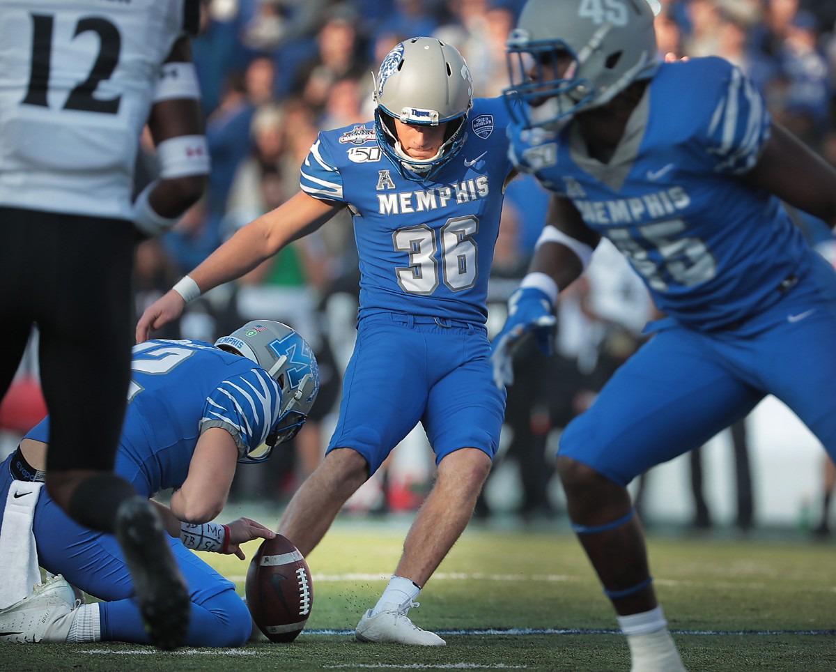 <strong>University of Memphis kicker Riley Patterson scores against Cincinnati's during the first half of the Tiger's AAC Championship game on Dec. 7, 2019, against the Bearcats at the Liberty Bowl Memorial Stadium.</strong> (Jim Weber/Daily Memphian)