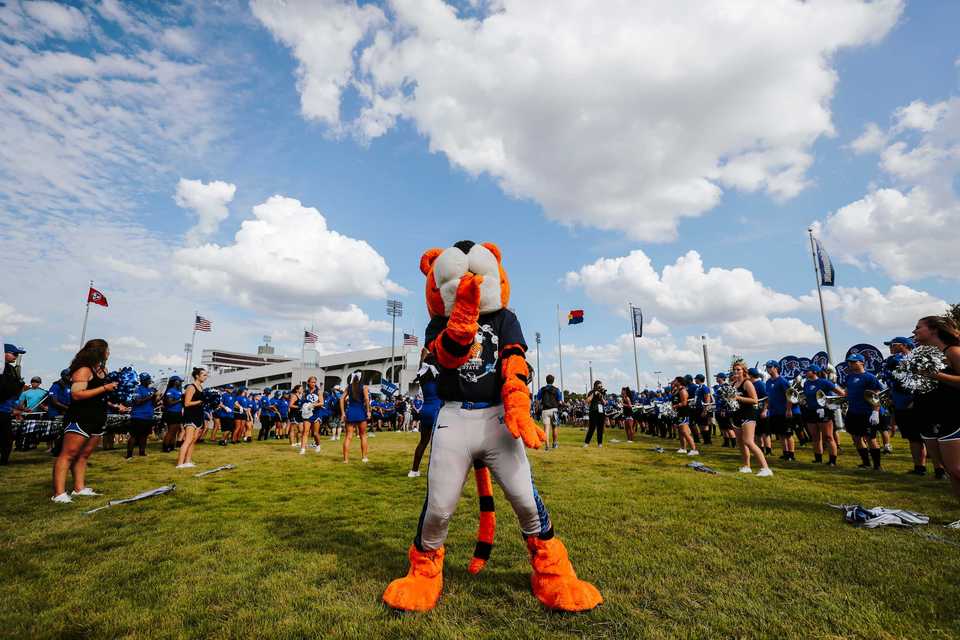 <strong>Memphis Tigers mascot Pouncer dances for the Liberty Bowl Memorial Stadium crowd before the game against Georgia State on Friday, Sept. 14. </strong>&nbsp;(Houston Cofield/Daily Memphian)