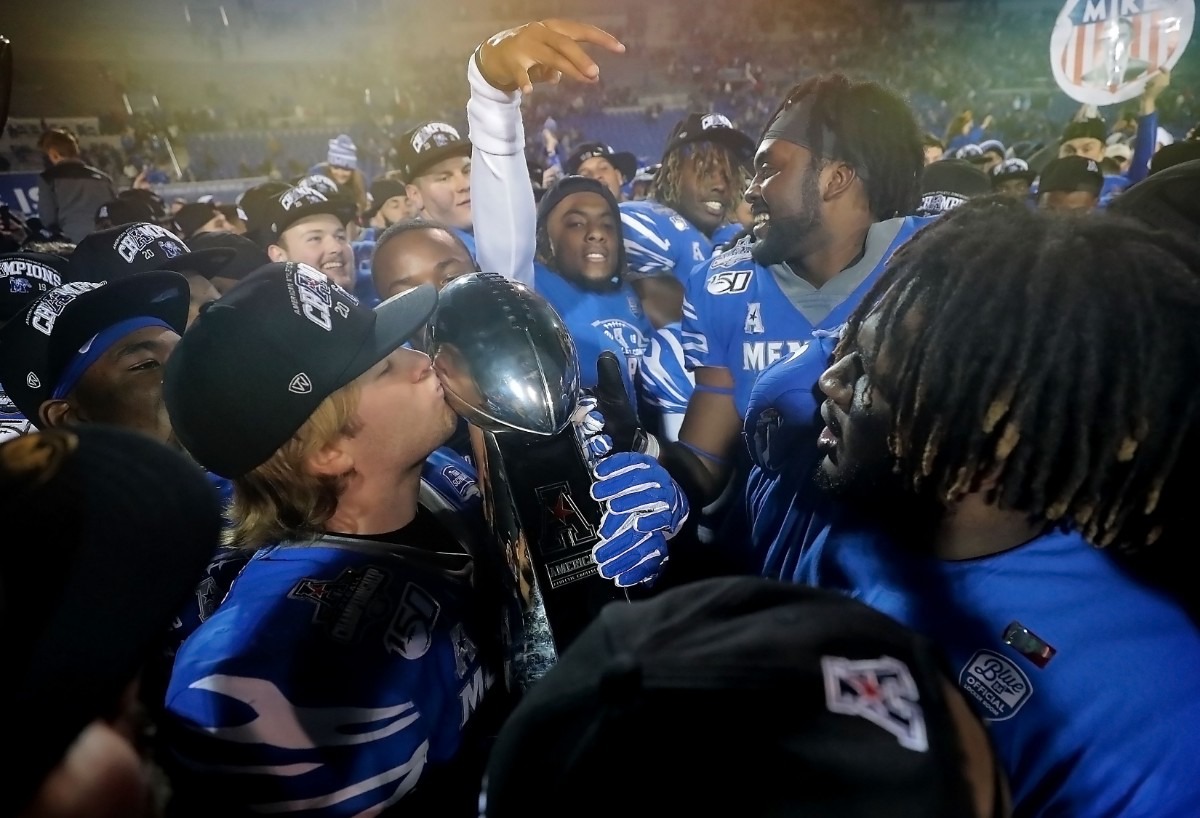 <strong>University of Memphis players celebrate after the Tiger's beat Cincinnati to win the AAC Championship game on Dec. 7, 2019, at the Liberty Bowl Memorial Stadium.</strong> (Jim Weber/Daily Memphian)