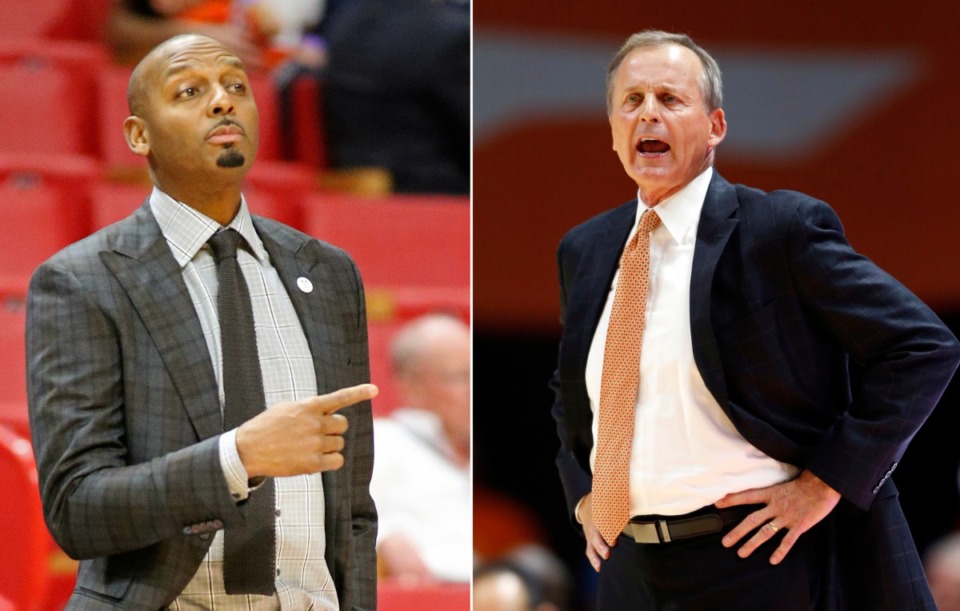 FILE - At left, in a Dec. 1, 2018, file photo, Memphis head coach Penny Hardaway directs players against Texas Tech during the first half of an NCAA college basketball game at the Air Force Reserve Hoophall Miami Invitational in Miami, Fla. At right, in a Nov. 9, 2018, file photo, Tennessee head coach Rick Barnes yells to his players during the second half of an NCAA college basketball game against Louisiana-Lafayette, in Knoxville, Tenn. The verbal jabs between Memphis coach Penny Hardaway and Tennessee&acirc;??s Rick Barnes continued Tuesday, Dec. 18, 2018 with Hardaway saying &acirc;??it was kind of low class&acirc;? for the Vols coach to imply the Tigers were flopping during their game on Saturday.(AP Photo/File)