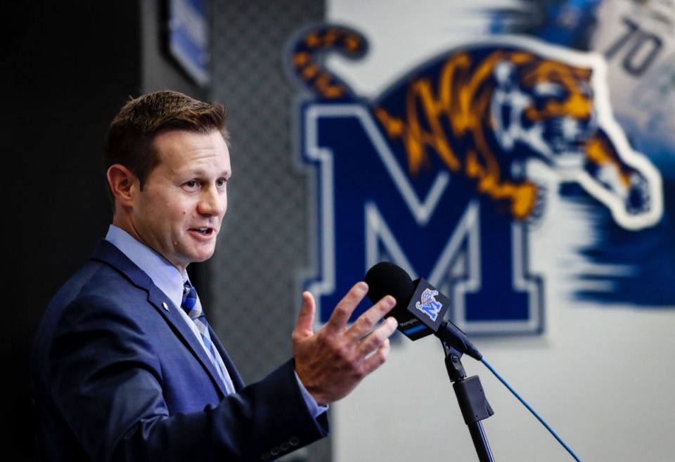 <strong>Memphis interim head coach Ryan Silverfield, addressing the press Dec. 8, has received a flood of support to be the Tigers' next head coach, both inside and outside the program.</strong> (Mark Weber/Daily Memphian)