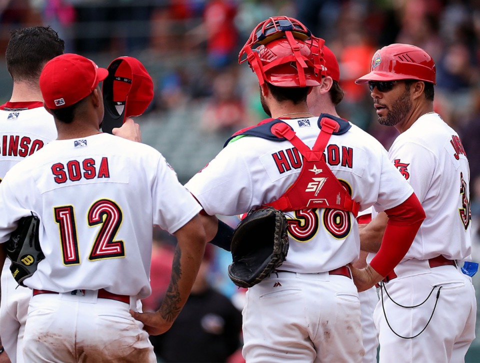 <strong>Memphis Redbirds manager Ben Johnson (far right, during a game against the Omaha Storm Chasers on April 8, 2019), will return in 2020 to manage the Redbirds for his second season. Johnson is a Germantown High School graduate.</strong> (Patrick Lantrip/Daily Memphian file)