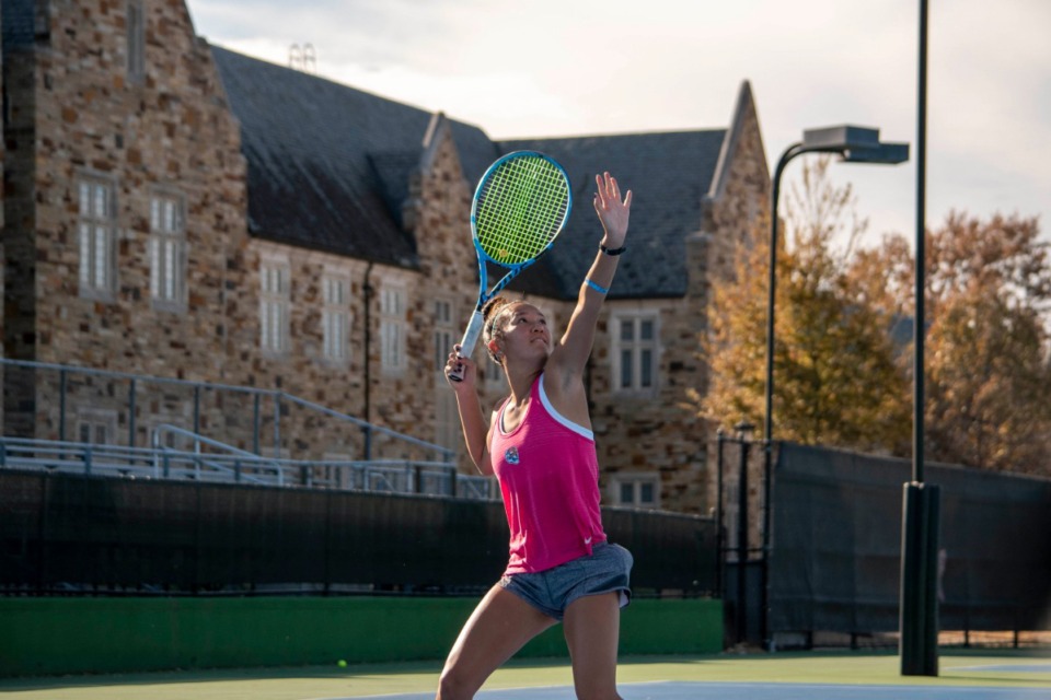 <strong>University of Memphis tennis senior Josephine Cao practices at Rhodes College.&nbsp;The team is playing home matches in venues from Whitehaven to East Memphis, while Leftwich Tennis Center is being renovated.</strong> (Frank Ramirez/Daily Memphian)