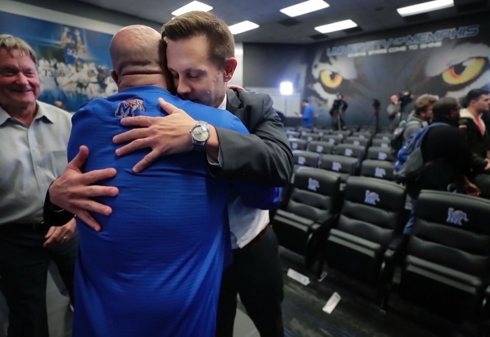 <strong>The new University of Memphis head football coach Ryan Silverfield is congratulated by fans and supporters on Dec. 13 after a press conference at the Billy Murphy Athletic Complex.</strong> (Jim Weber/Daily Memphian)