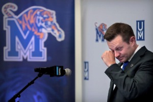 <strong>The new University of Memphis head football coach Ryan Silverfield steps away from the lectern on Dec. 13 to wipe tears from his eyes during a press conference at the Billy Murphy Athletic Complex to announce that the former assistant coach has accepted his "dream job."</strong> (Jim Weber/Daily Memphian)