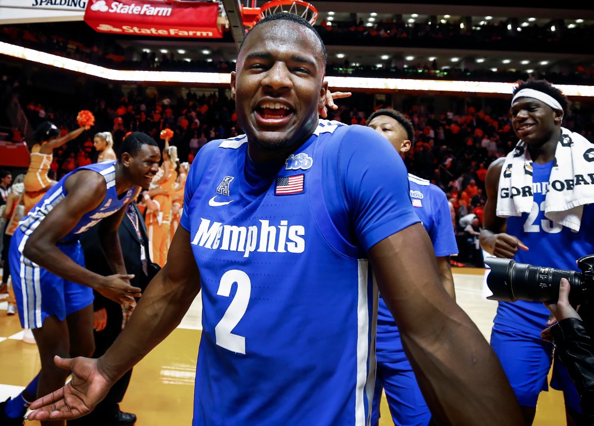 <strong>Memphis guard Alex Lomax walks off the court screaming that the Tigers only had a 19% chance of winning after beating Tennessee 51-47 Saturday, Dec. 14, 2019 in Knoxville, Tennessee.</strong> (Mark Weber/Daily Memphian)