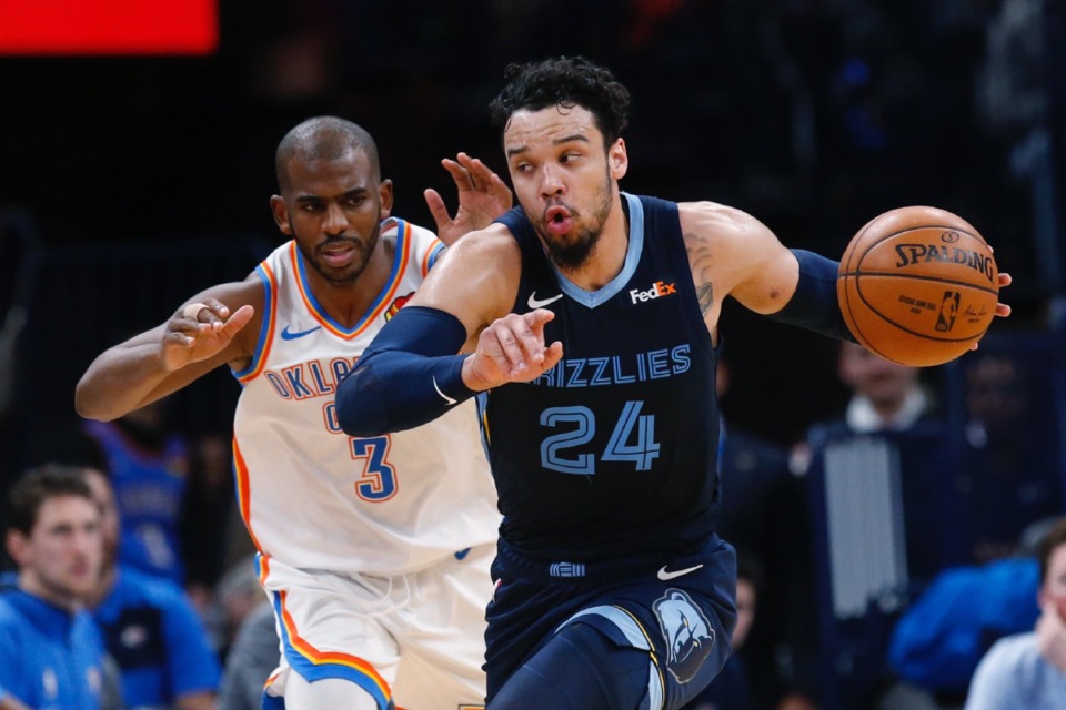 <strong>Grizzlies guard Dillon Brooks (24) heads up the court in front of Oklahoma City Thunder guard Chris Paul (3) Dec. 18 in Oklahoma City.</strong> (Sue Ogrocki/AP)