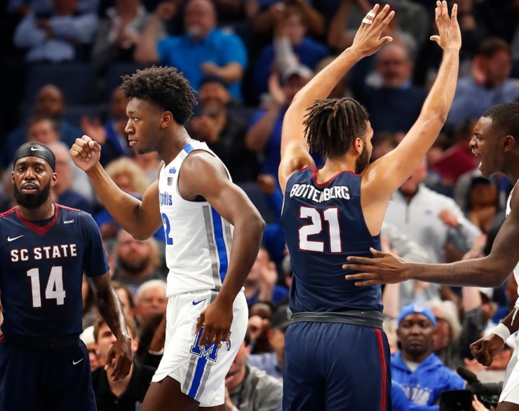 <strong>Memphis center James Wiseman (middle) celebrates a made basket while being fouled by the South Carolina State defense during action on Nov. 5, 2019 at FedExForum.</strong> (Mark Weber/Daily Memphian)