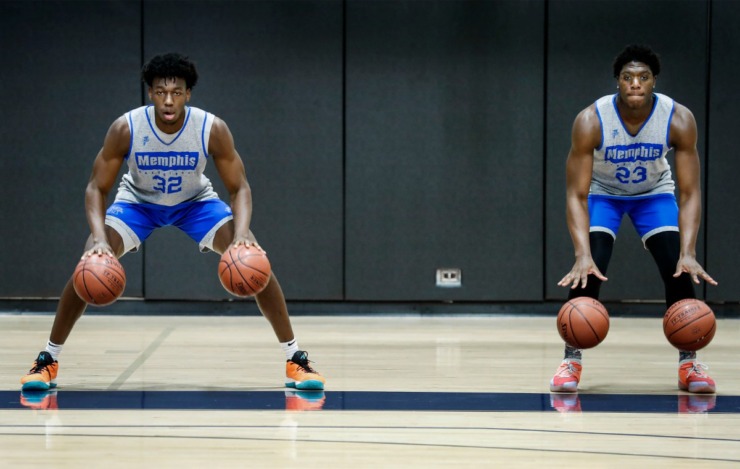 <strong>University of Memphis teammates James Wiseman (left) and Malcolm Dandridge (right) work on their dribbling skills during practice on August 6, 2019.</strong> (Mark Weber/Daily Memphian).