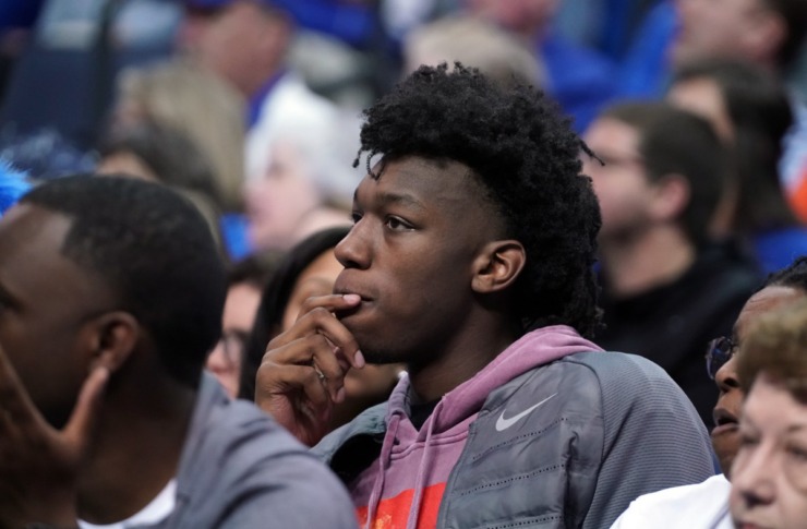 <strong>Furure University of Memphis basketball player James Wiseman watches a Dec. 15, 2018, game against the Tennessee Volunteers&nbsp; at FedExForum.</strong> (Karen Pulfer Focht/Special to The Daily Memphian)