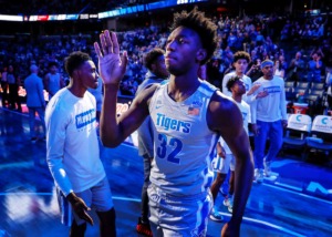 <strong>Memphis center James Wiseman (middle) waves as he is introduced before the UIC game Nov. 8.</strong>&nbsp;<strong>Now he's waving goodbye.</strong> (Mark Weber/Daily Memphian)