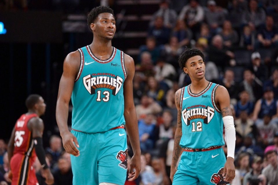 <strong>Memphis Grizzlies forward Jaren Jackson Jr. (13) and guard Ja Morant (12), seen here at the Miami Heat game Dec. 16, are pretty impressive among young duos.</strong>&nbsp;(Brandon Dill/AP)