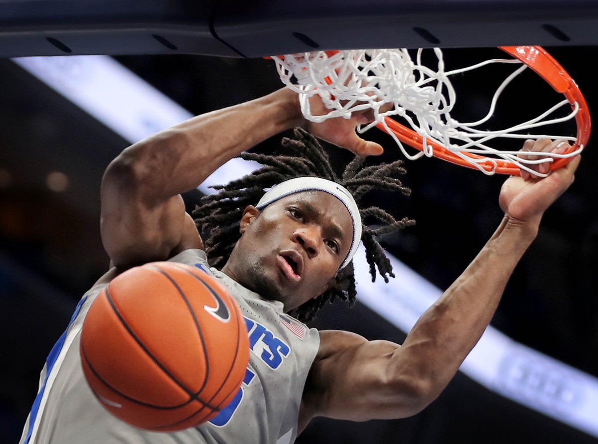 <strong>University of Memphis forward Precious Achiuwa dunks against Jackson State during the Tigers' game on Dec. 21, 2019, against JSU at the FedExForum.</strong> (Jim Weber/Daily Memphian)