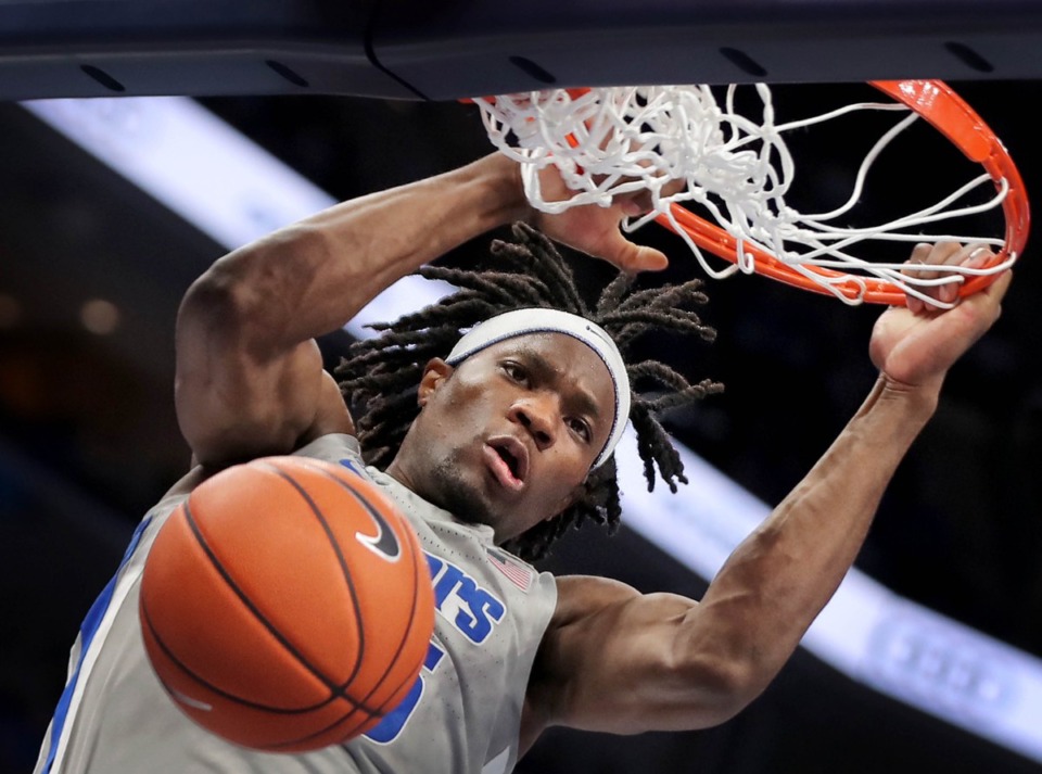 <strong>University of Memphis forward Precious Achiuwa dunks against Jackson State during the Tigers' game on Dec. 21, 2019, against JSU at the FedExForum.</strong> (Jim Weber/Daily Memphian)