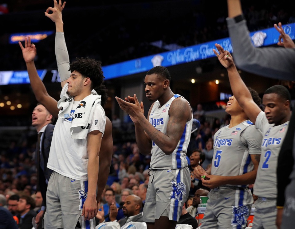 <strong>The University of Memphis bench reacts to a three-point shot against Jackson State during the Tigers' game on Dec. 21, 2019, against JSU at the FedExForum.</strong> (Jim Weber/Daily Memphian)