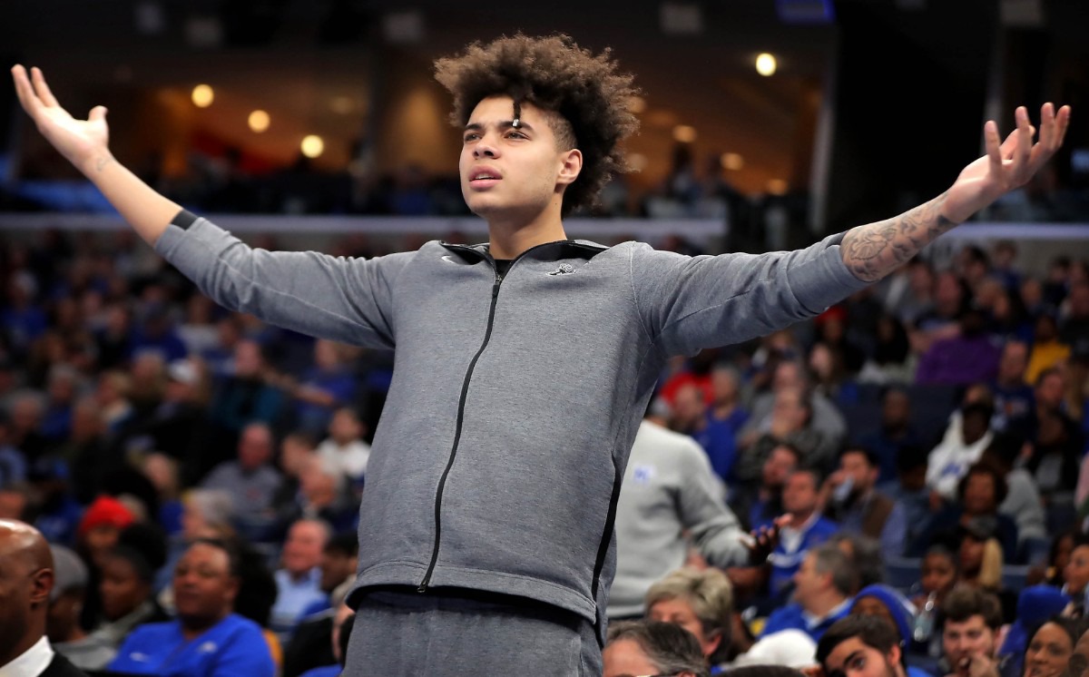 <strong>University of Memphis guard Lester Quinones reacts to a call on the court during the Tigers' game on Dec. 21, 2019, against JSU at the FedExForum.</strong> (Jim Weber/Daily Memphian)